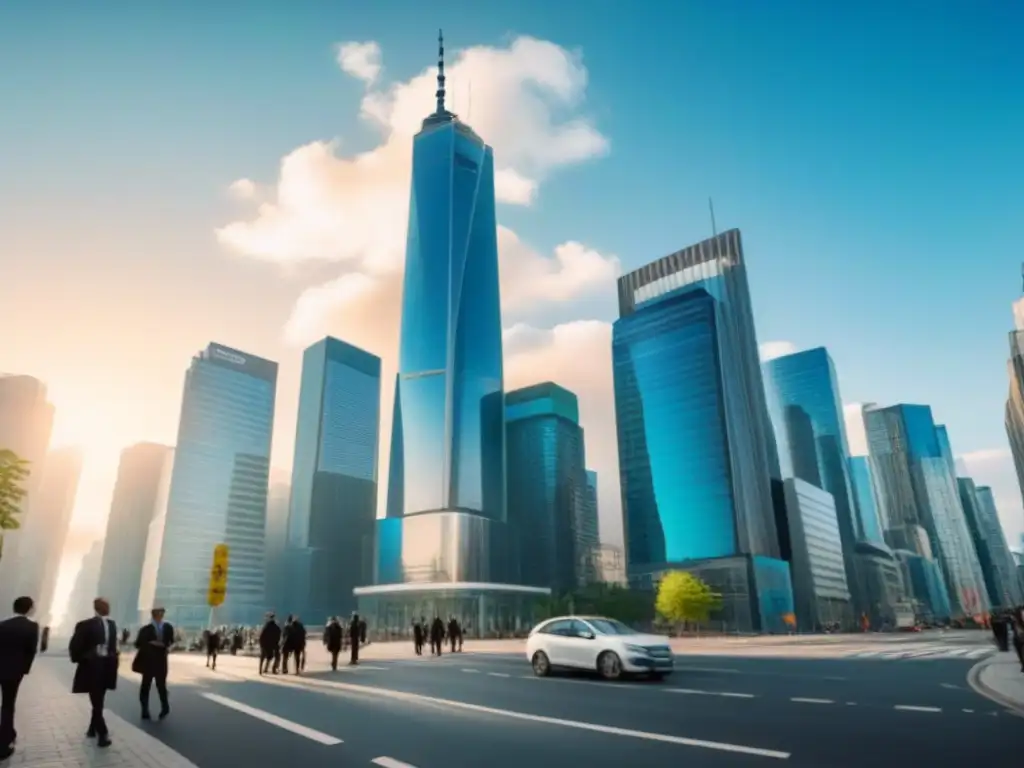 Escena urbana: crecimiento y optimismo postcrisis en la ciudad Una ciudad bulliciosa con rascacielos modernos, personas diversas y un banco de cristal