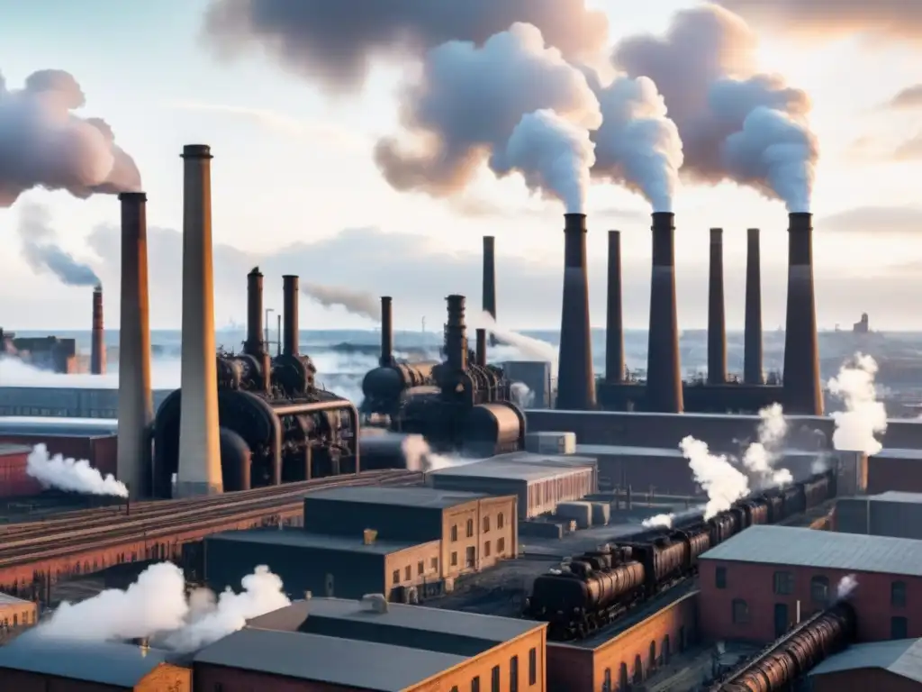 Cityscape industrial durante la Revolución Industrial en 8k Una ciudad bulliciosa durante la Revolución Industrial, con fábricas en plena operación y trabajadores entre nubes de vapor