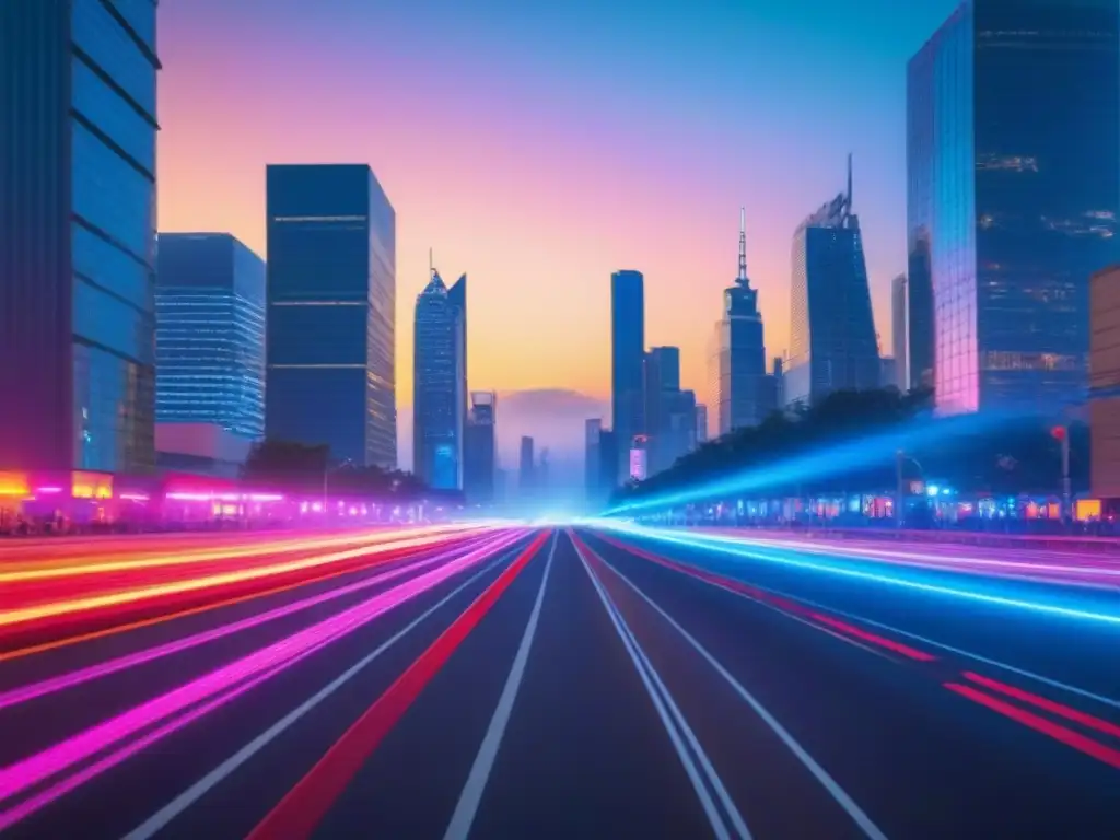 Metrópolis vibrante: impacto demográfico en tendencias inmobiliarias Una ciudad bulliciosa al anochecer con un skyline moderno iluminado por luces de neón, reflejando tendencias inmobiliarias cambios demográficos