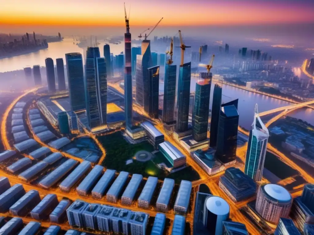 Horizonte urbano vibrante: mercado inmobiliario en auge La ciudad bulliciosa y vibrante destila energía urbana en un atardecer dorado, símbolo de la próspera regulación de inversiones inmobiliarias