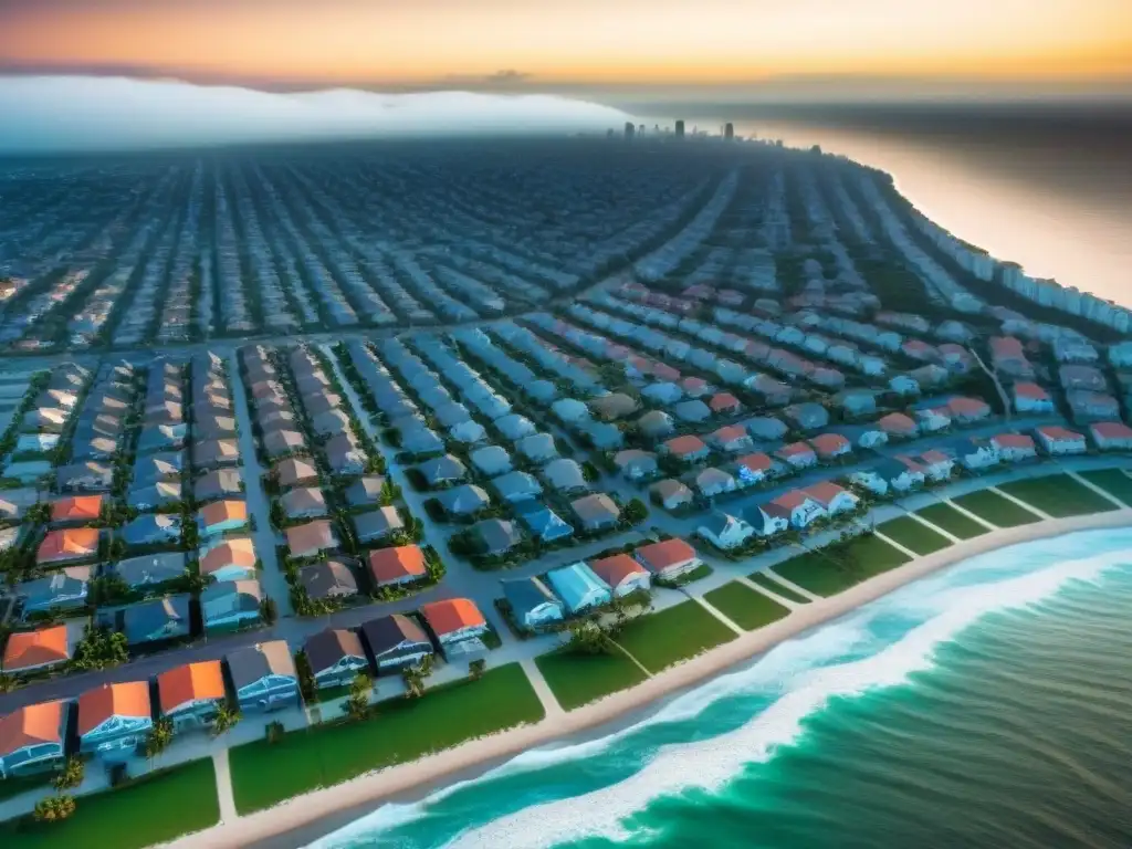 Inundación costera por cambio climático: impacto en impuestos Ciudad costera inundada por el aumento del nivel del mar, ilustrando el impacto de desastres naturales en impuestos