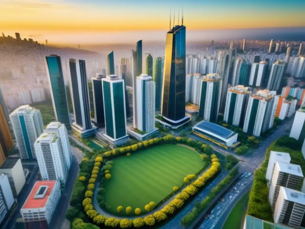 Metrópolis vibrante en América del Sur: crecimiento inmobiliario sostenible Una ciudad dinámica en América del Sur con rascacielos modernos y calles llenas de vida