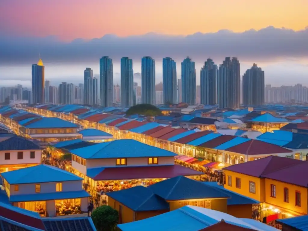 Horizonte urbano diverso: inversión inmobiliaria vibrante Una ciudad diversa con modernos rascacielos y casas tradicionales, calles animadas y gente de todas las edades y etnias