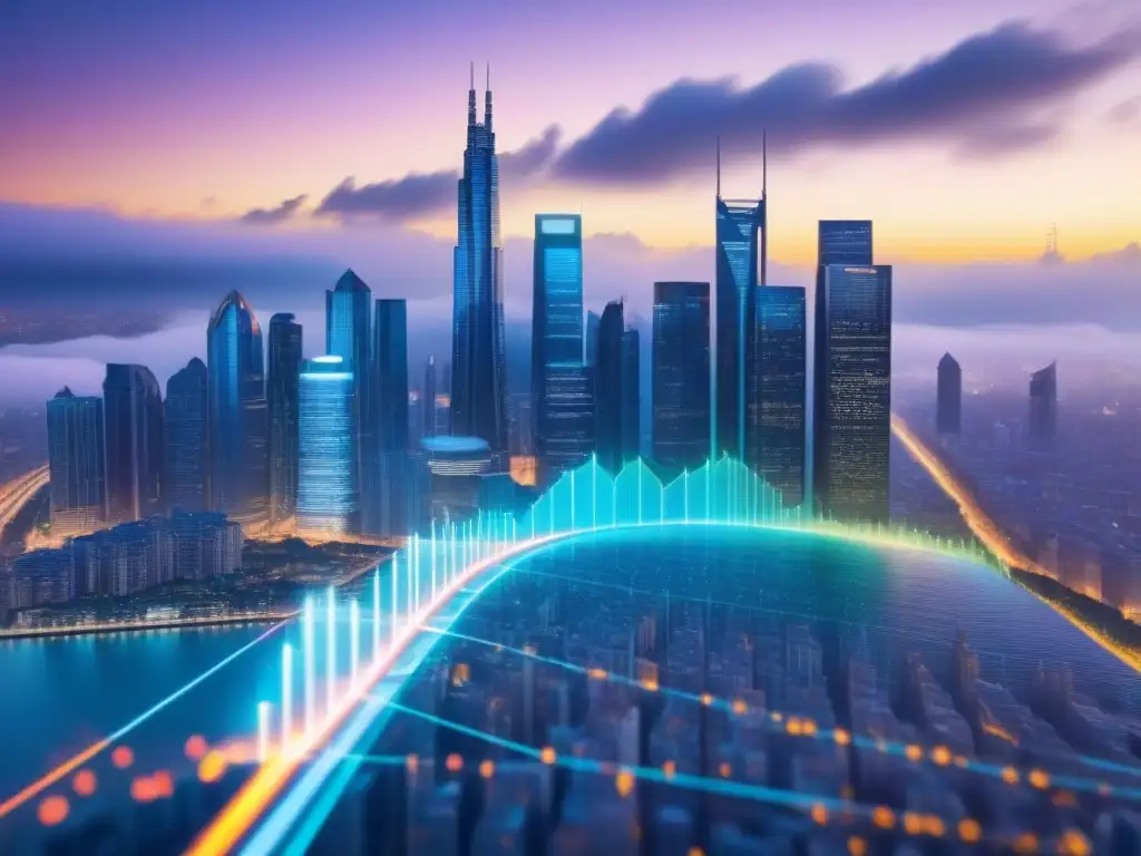 Una ciudad futurista de alta tecnología con rascacielos iluminados por datos, simbolizando la innovación en Fintech y tasas de interés