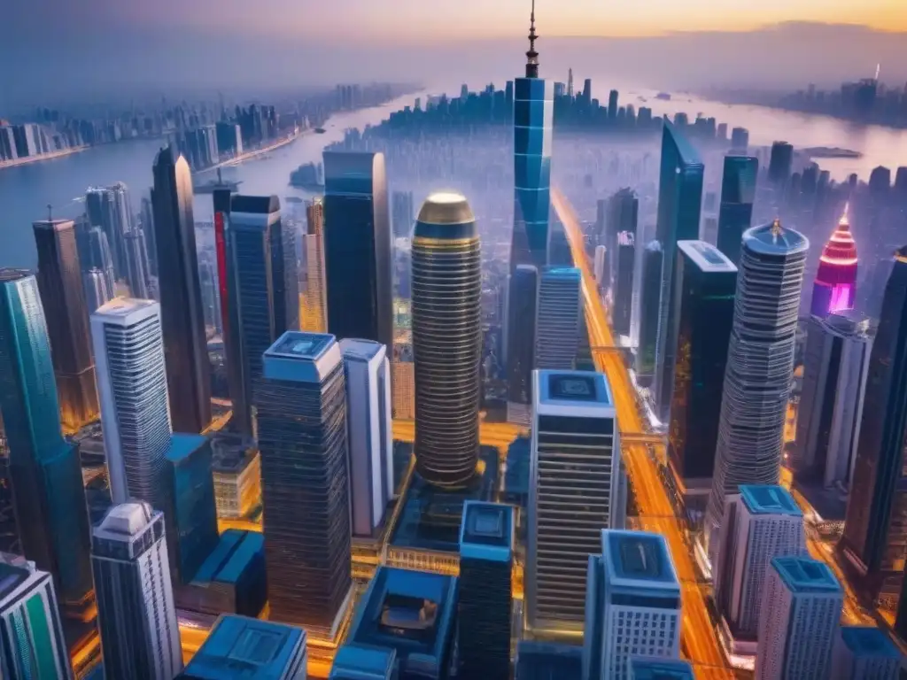 Una ciudad futurista con arquitectura asiática y rascacielos americanos, simbolizando la comparativa de mercados inmobiliarios emergentes