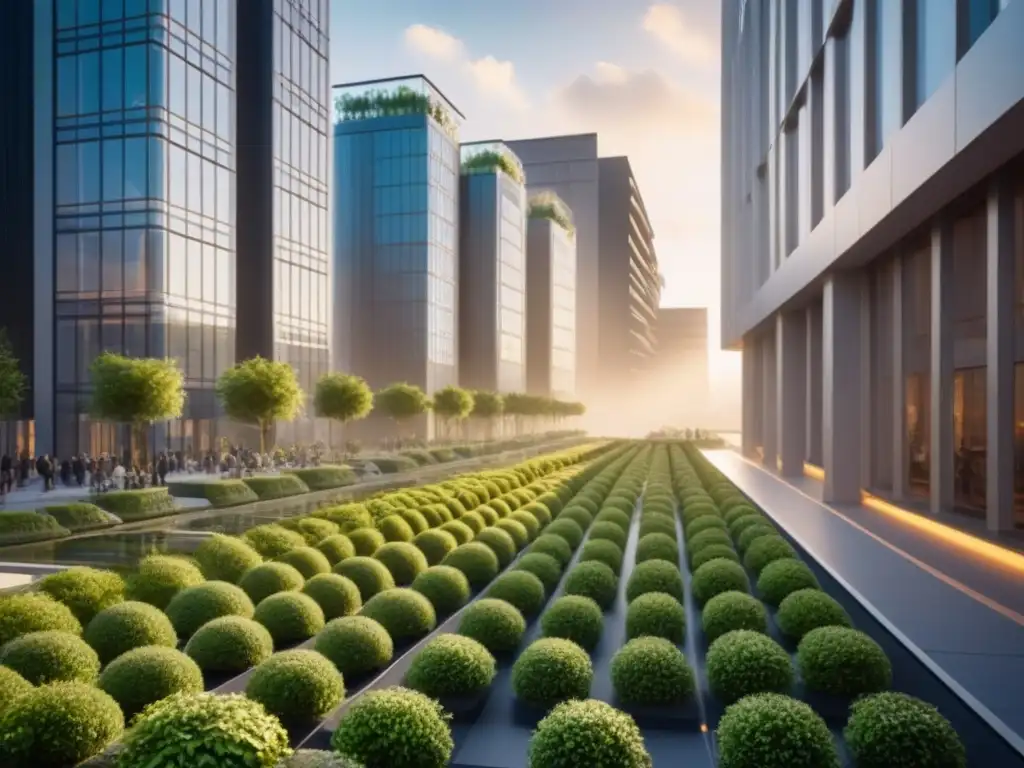 Cityscape futurista: arquitectura híbrida y sostenible Una ciudad futurista con arquitectura híbrida y elementos naturales, iluminada por luz dorada
