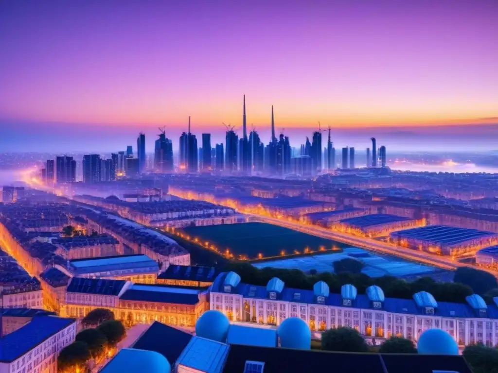 Horizonte urbano futurista en transición hacia la energía sostenible Una ciudad futurista al atardecer con edificios energéticamente eficientes iluminados