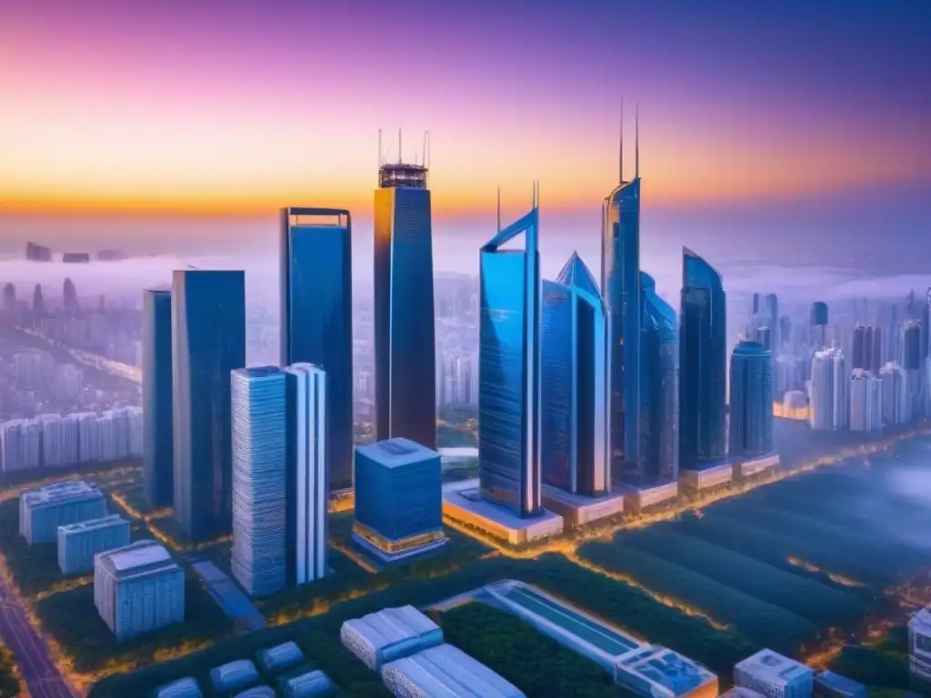 Metrópolis futurista: fintech y crecimiento en bienes raíces Una ciudad futurista al atardecer con rascacielos y pantallas digitales, simbolizando la integración de Fintech en financiamiento inmobiliario