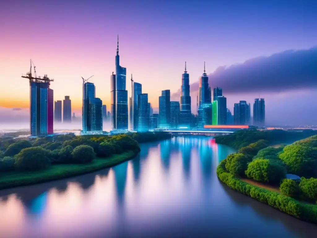 Metrópolis futurista: luces neón en río calmado Una ciudad futurista al atardecer con rascacielos iluminados por luces neón, reflejándose en un río tranquilo