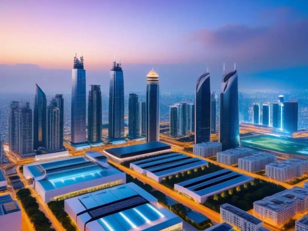 Metrópolis futurista: innovación y sostenibilidad en 2023 Una ciudad futurista al atardecer con rascacielos relucientes y luces neón vibrantes