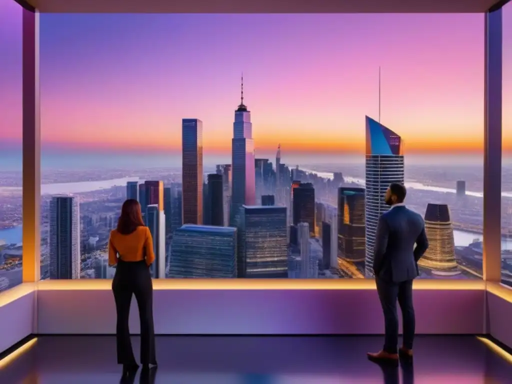 Innovación en hipotecas fijas: ciudad futurista al atardecer Una ciudad futurista al atardecer con rascacielos brillantes y profesionales discutiendo frente a pantallas digitales