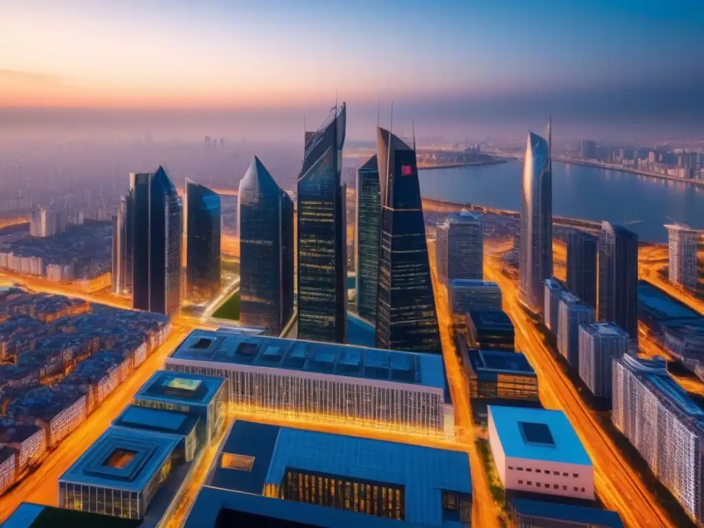Horizonte urbano futurista al atardecer: innovación inminente Una ciudad futurista al atardecer, donde los rascacielos brillan ante la caída del sol, reflejando progreso y adaptabilidad