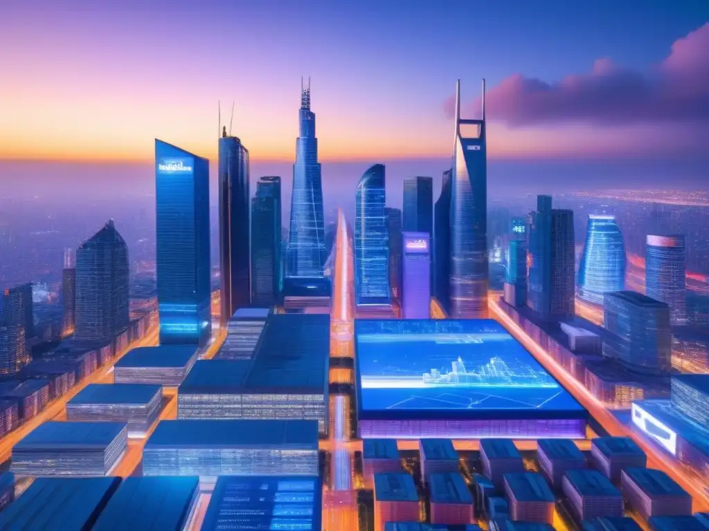 Metrópolis futurista: innovación y tecnología en la industria inmobiliaria Una ciudad futurista al atardecer con rascacielos iluminados y sistemas de transporte avanzados en el aire