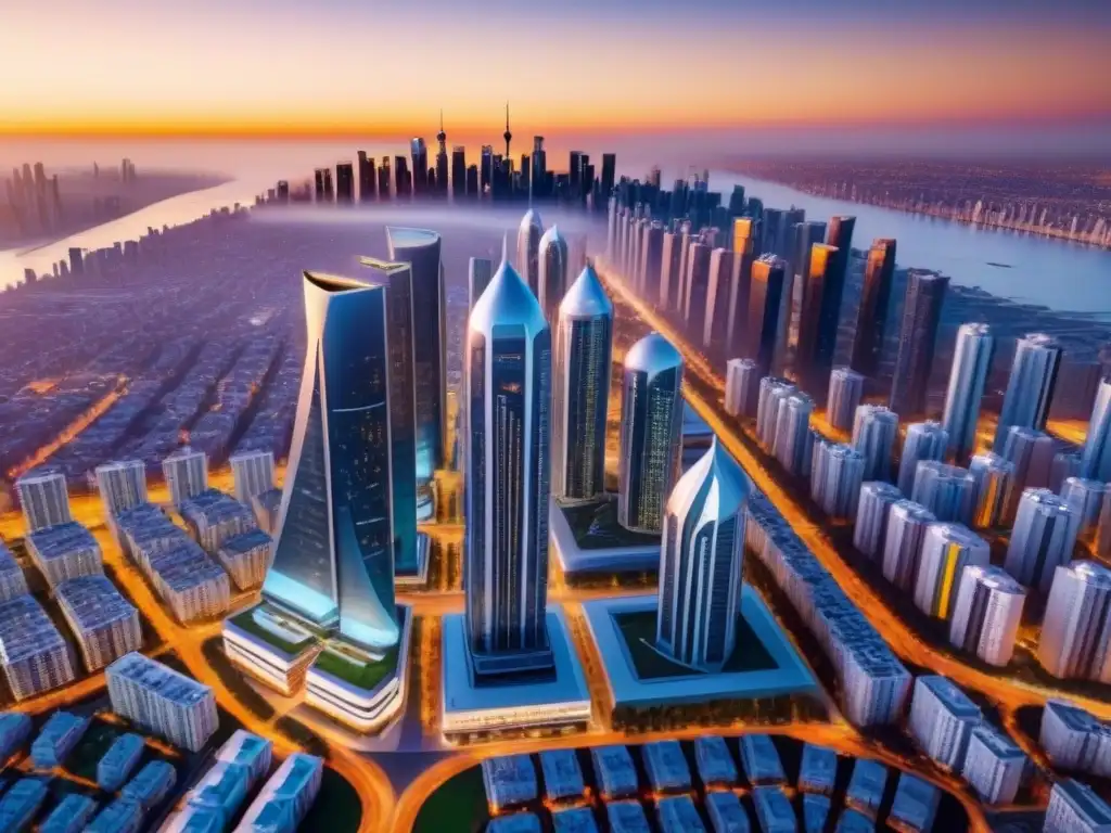 Cityscape futurista al atardecer con IA y drones Una ciudad futurista bañada por la luz cálida del atardecer, donde drones de IA realizan tasaciones inmobiliarias en tiempo real