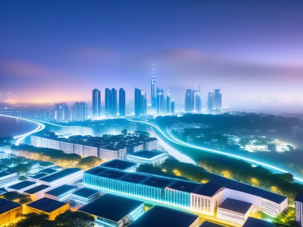 Metrópolis futurista: smart contracts transforman la ciudad Una ciudad futurista detallada con rascacielos interconectados, iluminados por luces de neón, simbolizando la eficiencia de los Contratos inteligentes en transacciones inmobiliarias