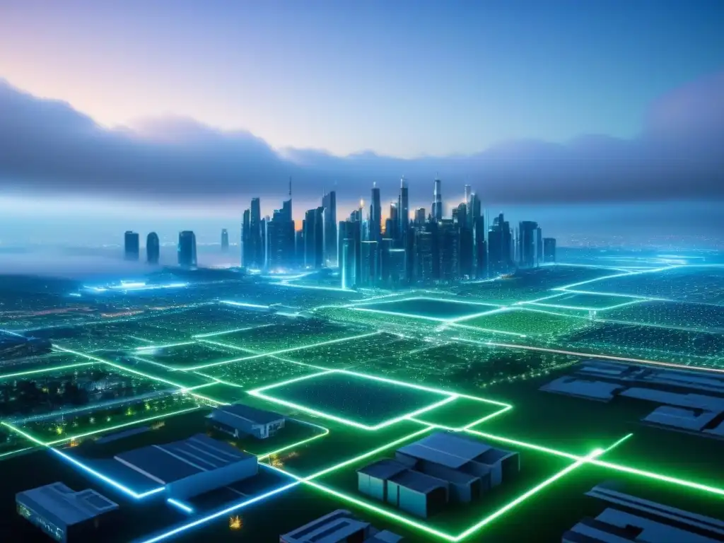 Metrópolis digital tokenizada: real estate en red Una ciudad futurista digital con tokenización de bienes raíces resaltados en red luminosa