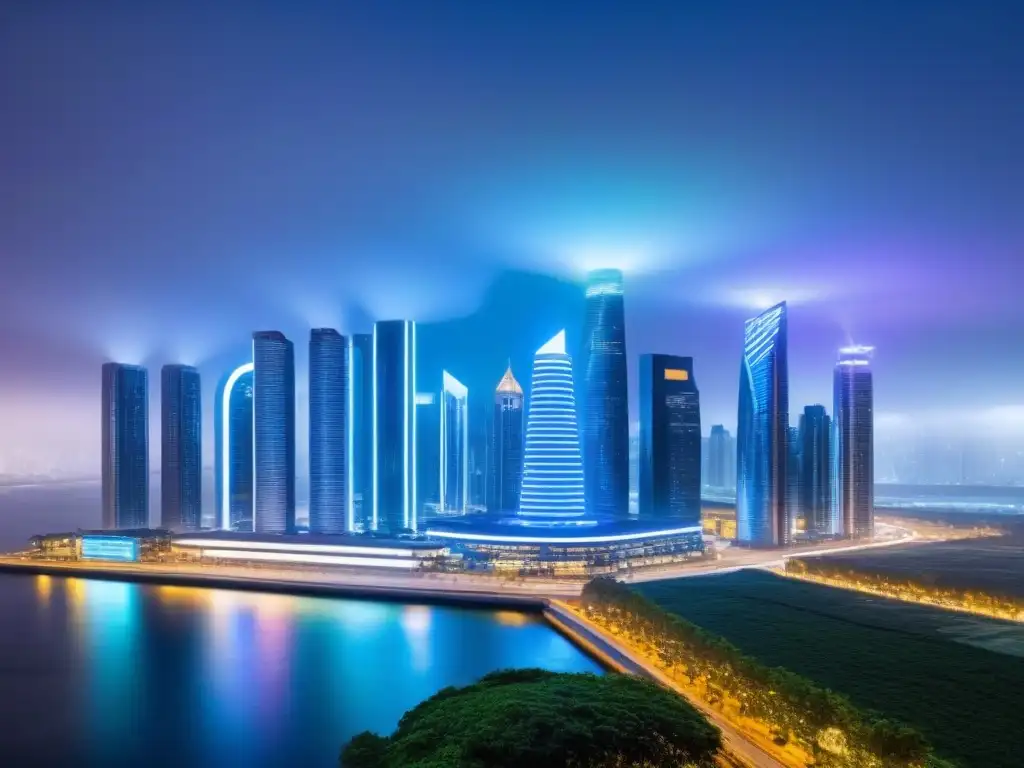 Ciudad futurista digital: contratos inteligentes en bienes raíces Una ciudad futurista digital con edificios transparentes mostrando transacciones de Contratos inteligentes en compra venta, iluminada con luces de neón y pantallas holográficas