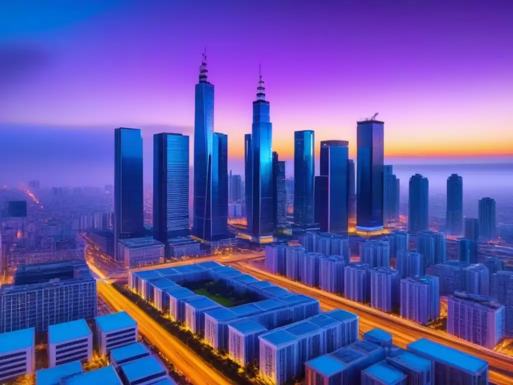 Horizonte futurista digital: luces, anuncios inmobiliarios y éxito Una ciudad futurista digital al anochecer, con rascacielos iluminados y vallas publicitarias digitales