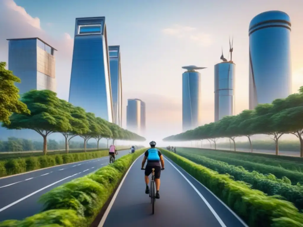 Metrópolis sostenible: innovación y armonía con la naturaleza Una ciudad futurista con edificaciones sostenibles, energía renovable y mucha vegetación