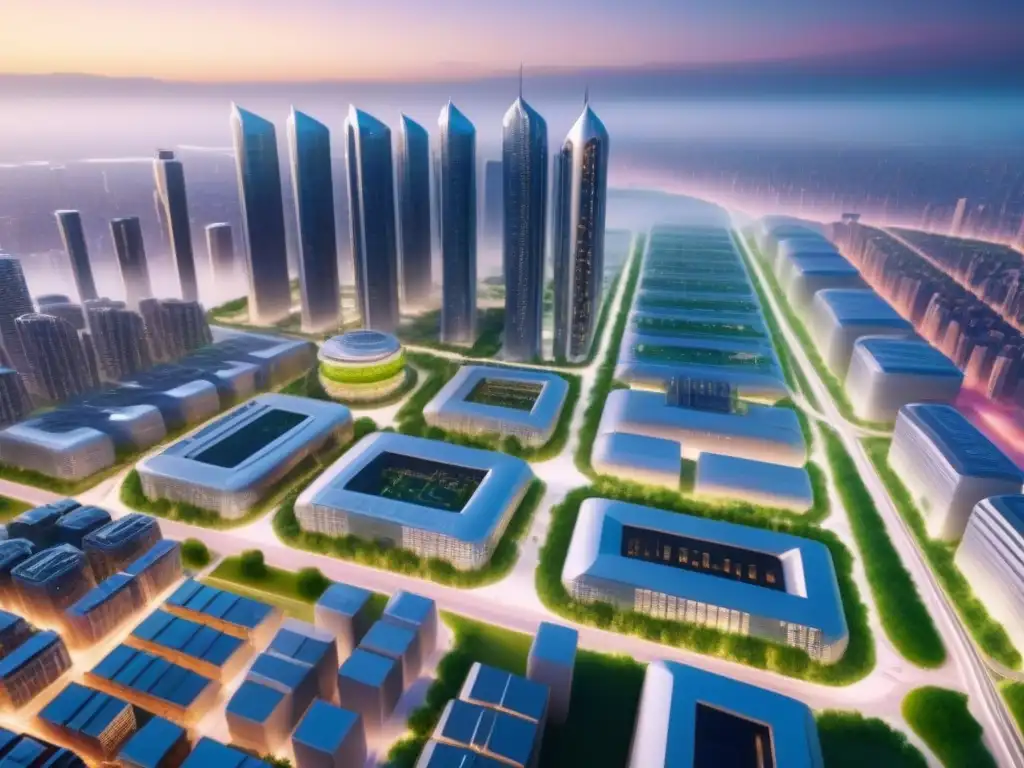 Metrópolis futurista: arquitectura automatizada y espacios verdes en 8k Una ciudad futurista con edificios automatizados y espacios verdes, bañada por la luz del atardecer