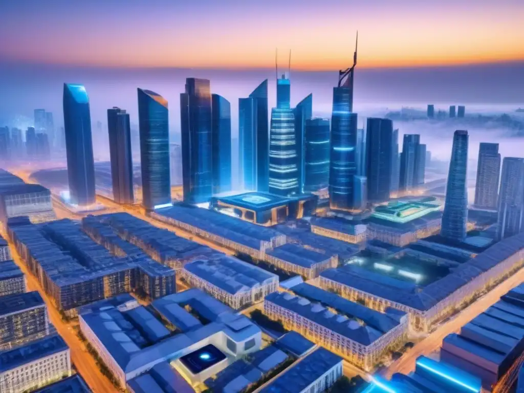 Metrópolis futurista: innovación en préstamos automatizados Una ciudad futurista al anochecer con edificios avanzados de procesamiento automatizado de préstamos inmobiliarios