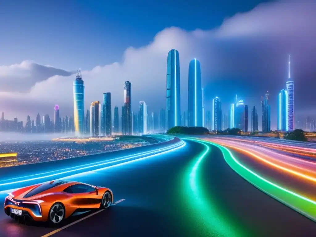 Metrópolis futurista: diseño innovador y tecnología avanzada Una ciudad futurista con edificios innovadores y futuristas, gente con gadgets y autos voladores, iluminada por luces de neón