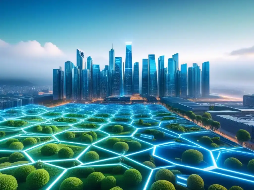 Metrópolis futurista: Edificios inteligentes con blockchain Una ciudad futurista con edificios inteligentes conectados a través de blockchain en contratos inteligentes en compra venta