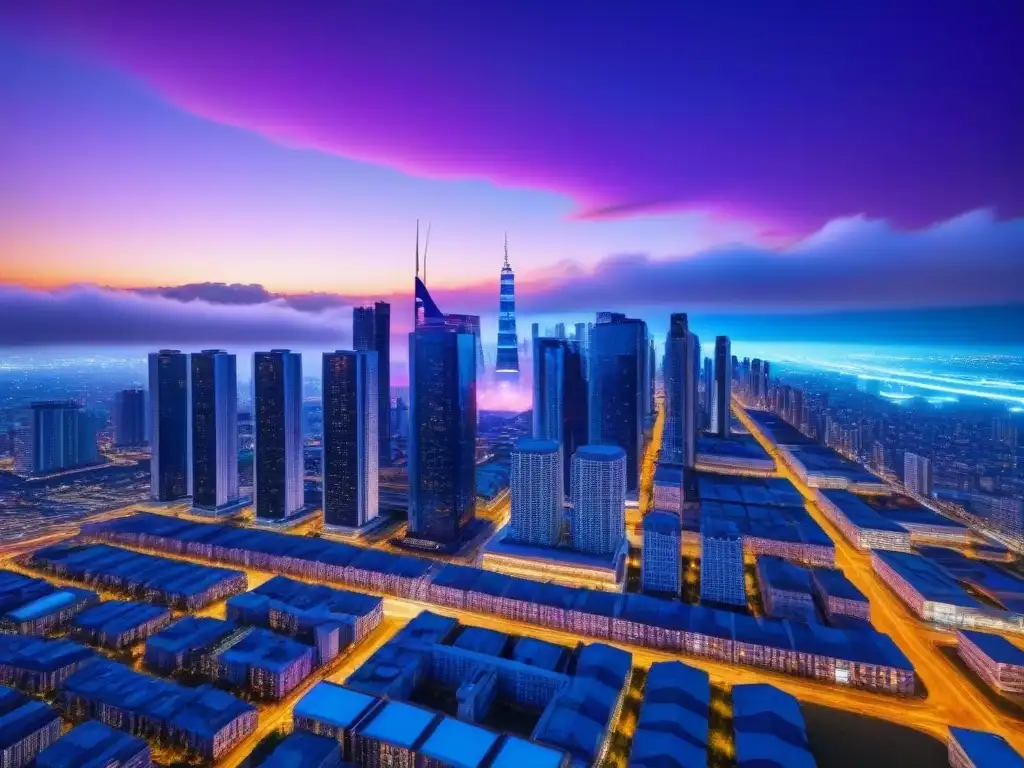 Metrópolis futurista: protección digital y tecnología avanzada Una ciudad futurista con edificios digitalmente mejorados, luces brillantes y tecnología avanzada integrada en la arquitectura
