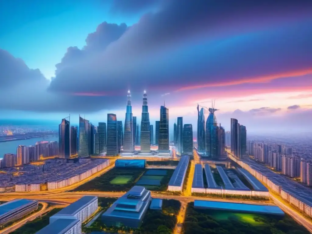 Innovación urbana futurista: skyline 8k detallado Una ciudad futurista con edificios modernos y sistemas de transporte avanzados, ideal para inversores visionarios buscando ventajas hipotecas híbridas