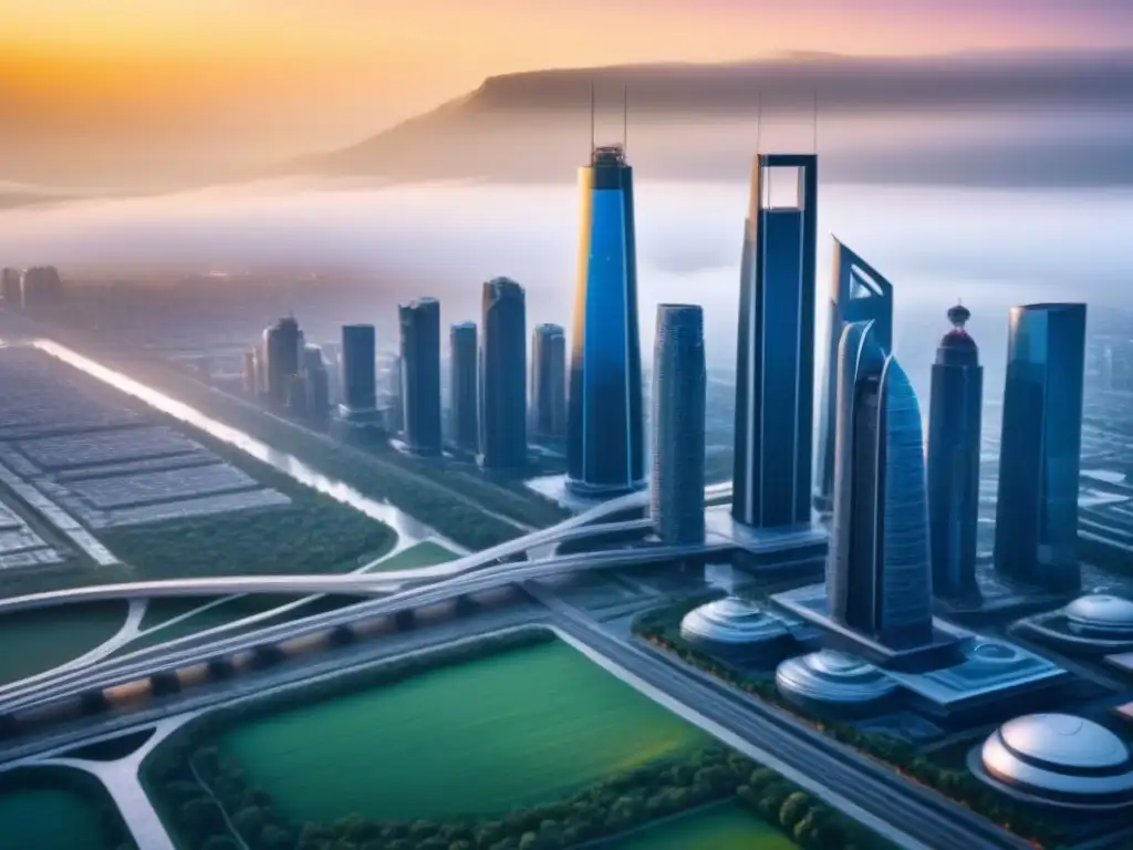 Metrópolis futurista con IA avanzada y paisajes verdes al atardecer Una ciudad futurista con edificios modernos y tecnología AI integrada, reflejando el análisis inmobiliario con inteligencia artificial