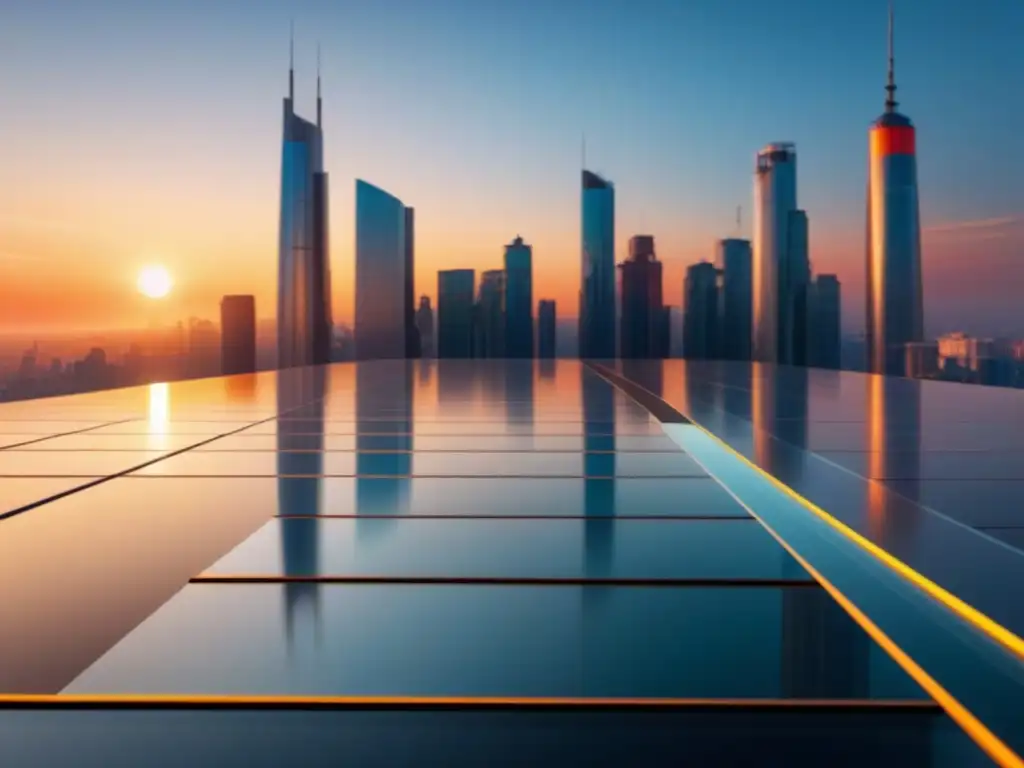 Metrópolis Futurista: Arquitectura Avanzada en la Puesta de Sol Una ciudad futurista con edificios modernos interconectados por pasarelas transparentes, bañada por la luz del atardecer
