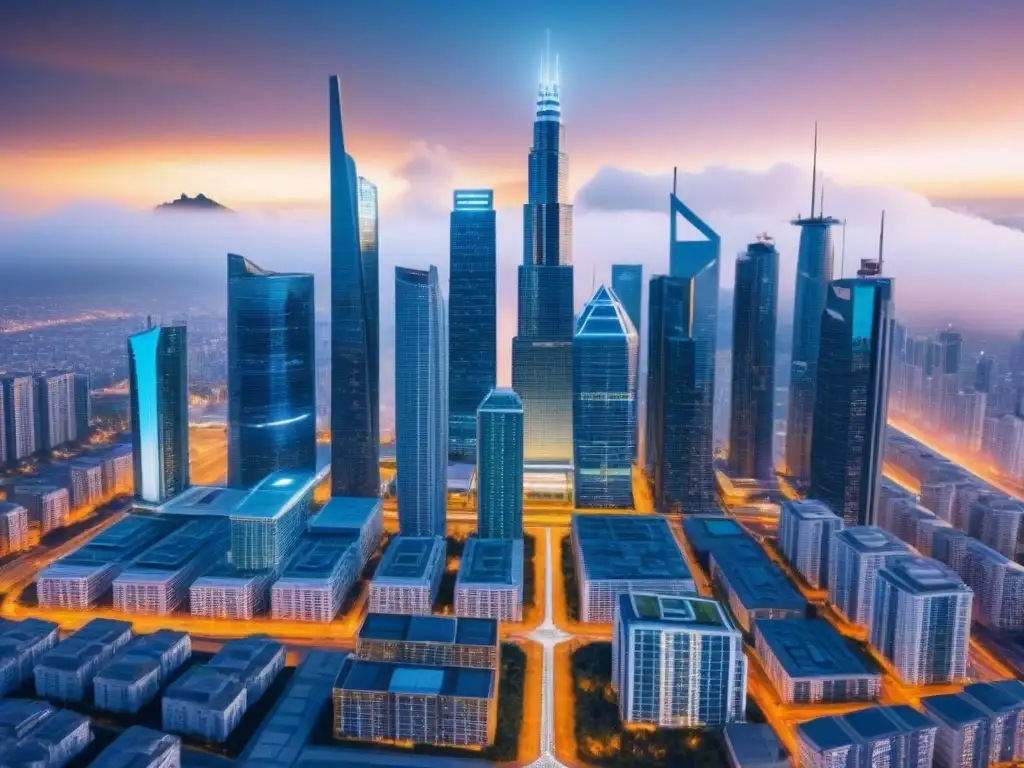 Skyline futurista blockchain: transparencia en real estate Una ciudad futurista con edificios transparentes y seguros con blockchain, mostrando inversiones inmobiliarias con blockchain