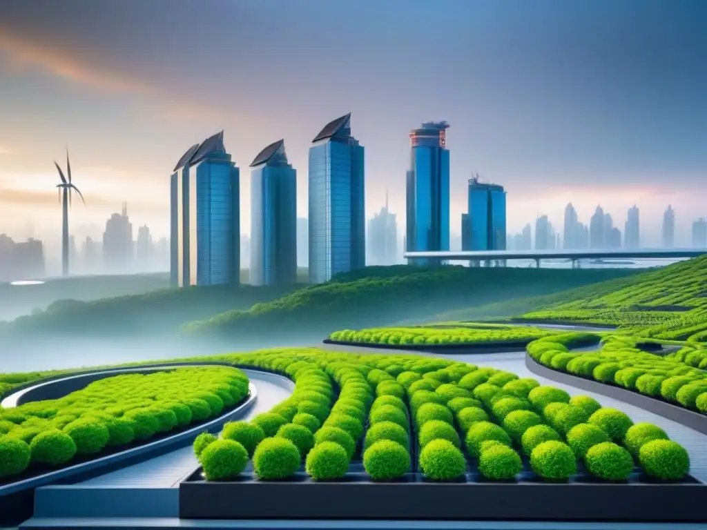 Ciudad del futuro: arquitectura sostenible y renovable Una ciudad futurista con edificios verdes, paneles solares y turbinas eólicas