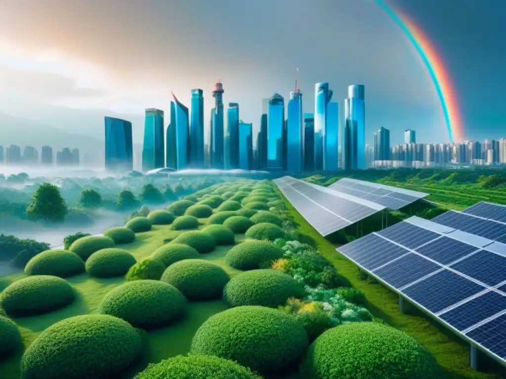 Metrópolis verde del futuro: ilustración digital detallada Una ciudad futurista con edificios verdes y tecnología sostenible