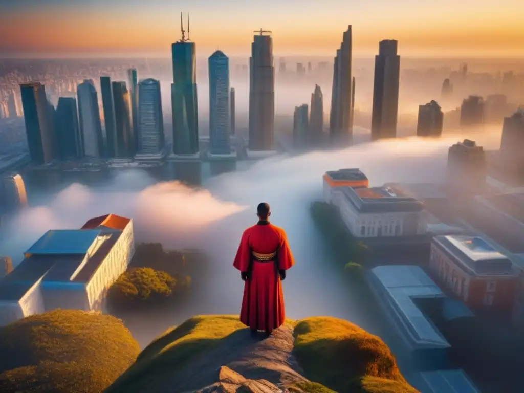 Horizonte urbano: fusión de arquitectura tradicional y moderna al atardecer Una ciudad futurista y elegante con una mezcla de arquitectura tradicional y rascacielos modernos, iluminada por el cálido resplandor del sol poniente
