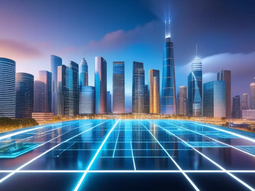 Metropolis Fintech y Proptech: La Revolución Digital Una ciudad futurista con elementos financieros y inmobiliarios integrados, representando la Alianza Fintech Proptech en el financiamiento inmobiliario