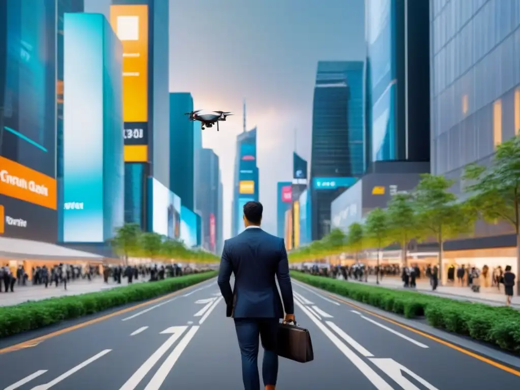 Metrópolis futurista: finanzas, tecnología y sostenibilidad en armonía Una ciudad futurista que fusiona finanzas, tecnología y arquitectura sostenible