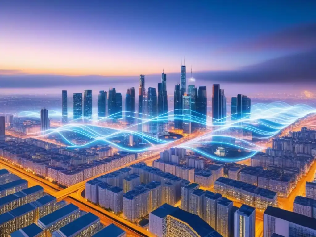 Metrópolis futurista: integración de IA en valoraciones de inversión Una ciudad futurista con flujos de datos entre edificios, resaltando la importancia de datos en tasaciones e inversiones con IA