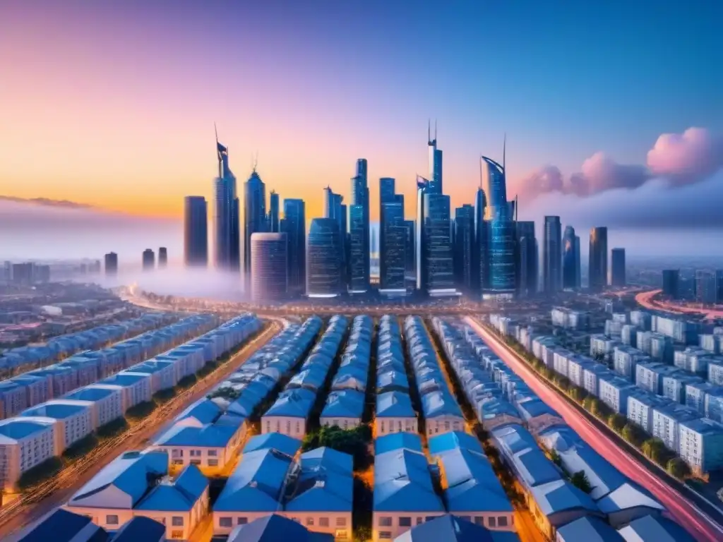Skyline futurista con hipotecas innovadoras Una ciudad futurista con hipotecas basadas en ingresos futuros integradas en sus edificios y tecnología avanzada