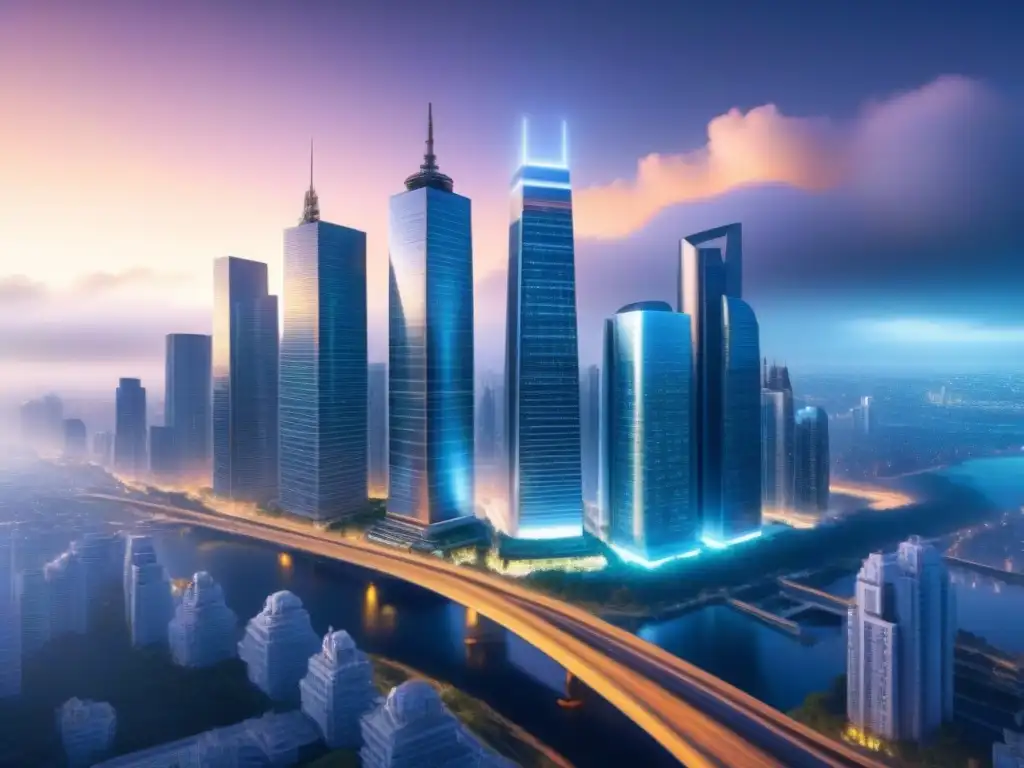 Una ciudad futurista con IA en financiamiento inmobiliario y expertos colaborando en un ambiente innovador