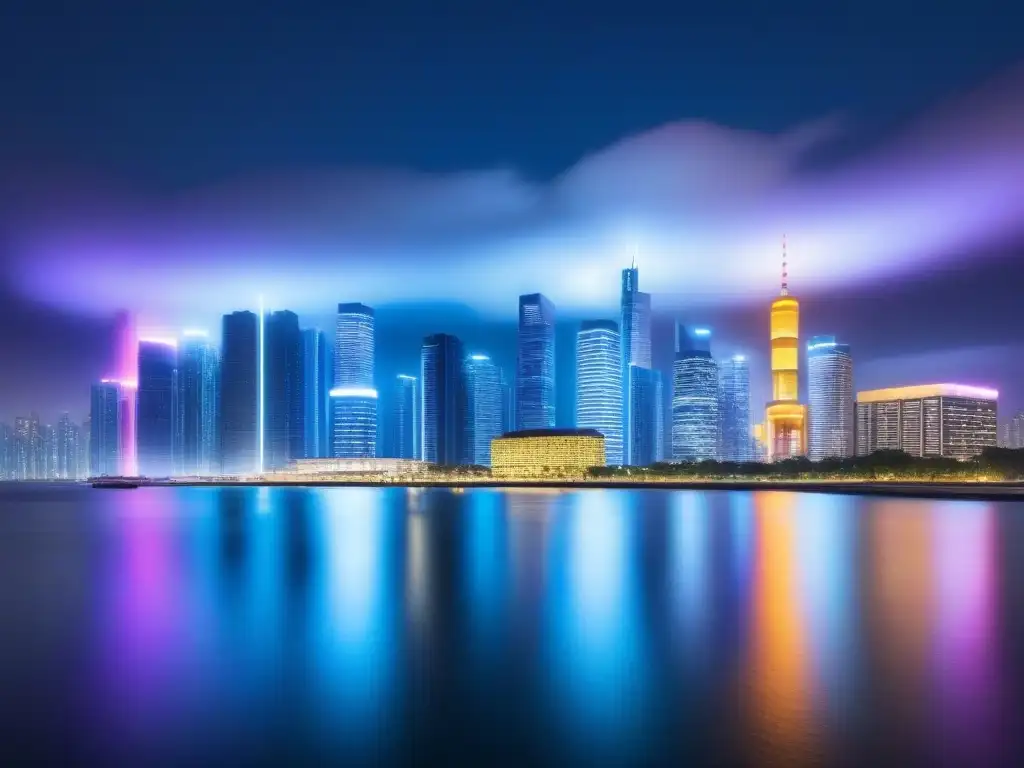 Una ciudad futurista iluminada por luces neón, reflejándose en el agua