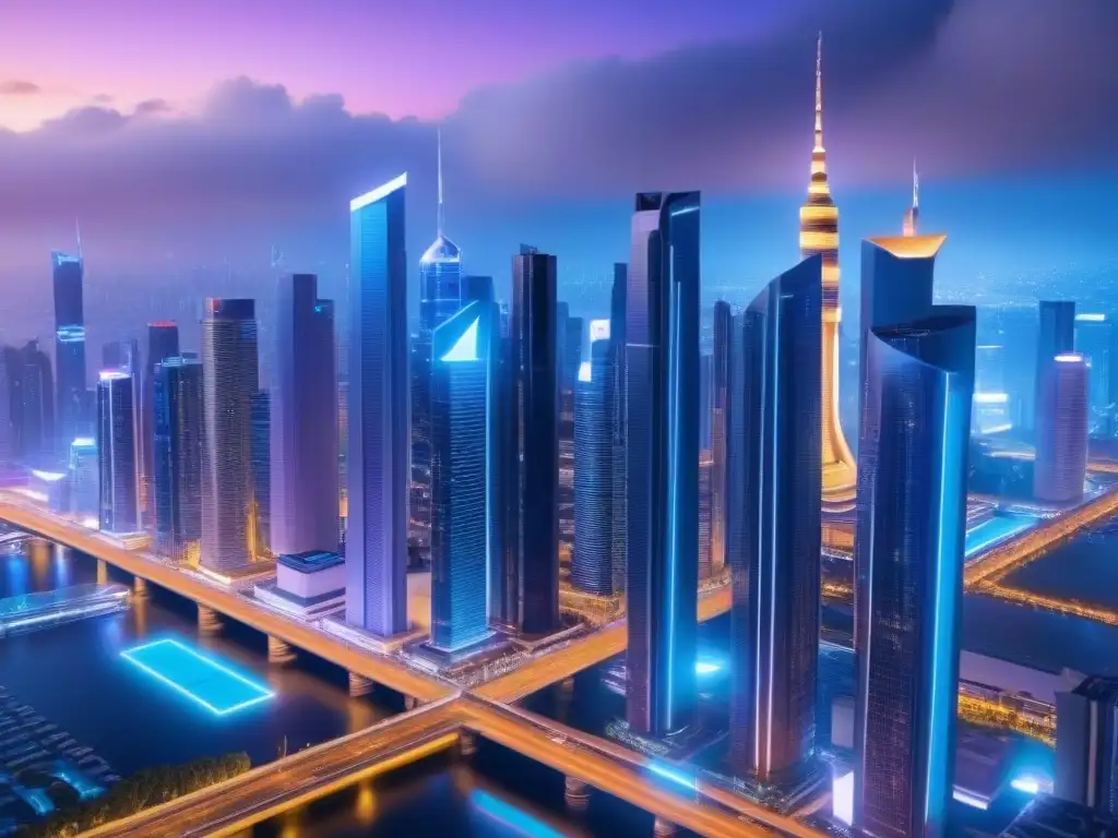 Cityscape futurista: luces neón, drones y tecnología avanzada Una ciudad futurista iluminada por luces de neón, drones y hologramas, reflejando la revolución de fintech en préstamos inmobiliarios