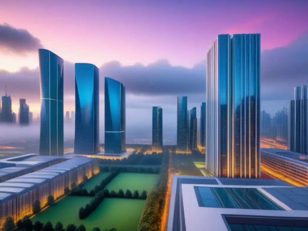 Metrópolis futurista al atardecer: inversión inmobiliaria intergeneracional Una ciudad futurista iluminada por luces de neón muestra diversidad y progreso