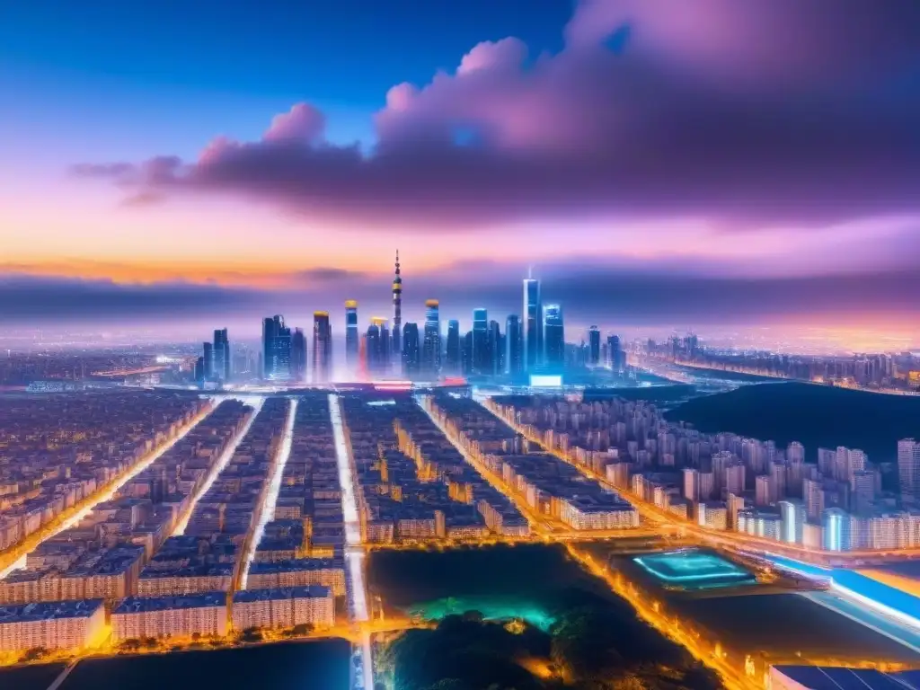 Metrópolis futurista en 8k: tecnología y real estate fusionados Una ciudad futurista iluminada por luces de neón y patrones de blockchain, fusionando tecnología y mercado inmobiliario
