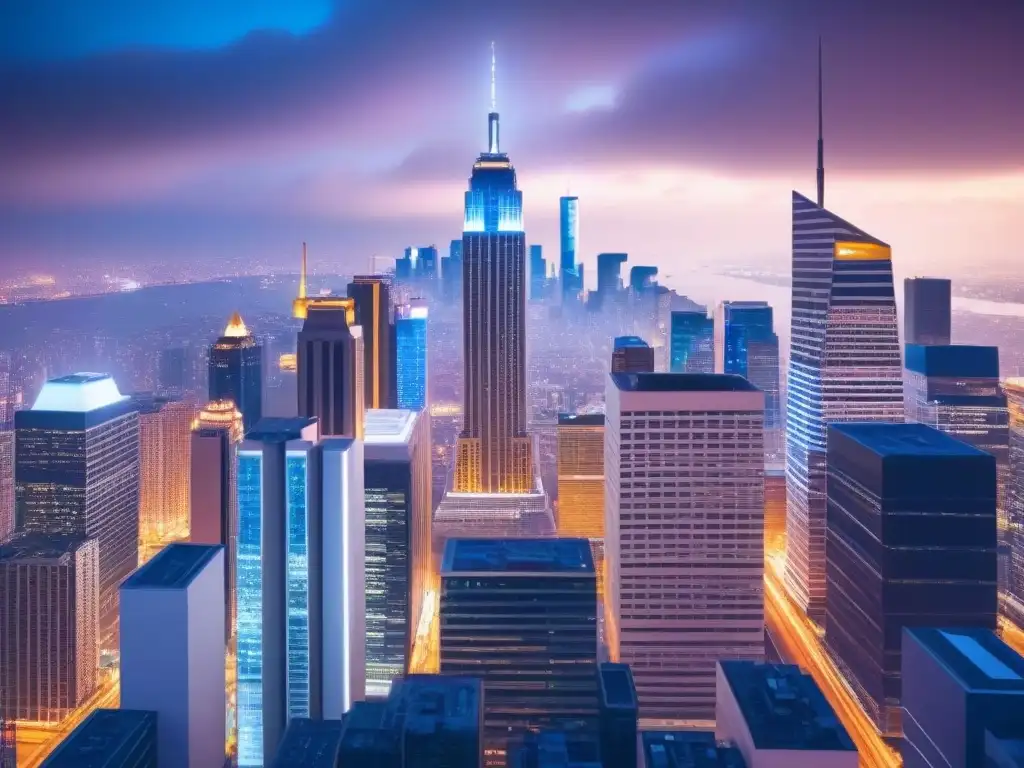 Cityscape futurista: Colaboración exitosa en seguros de propiedad Una ciudad futurista iluminada con luces de neón, donde profesionales discuten sobre programa de afiliados seguros propiedad