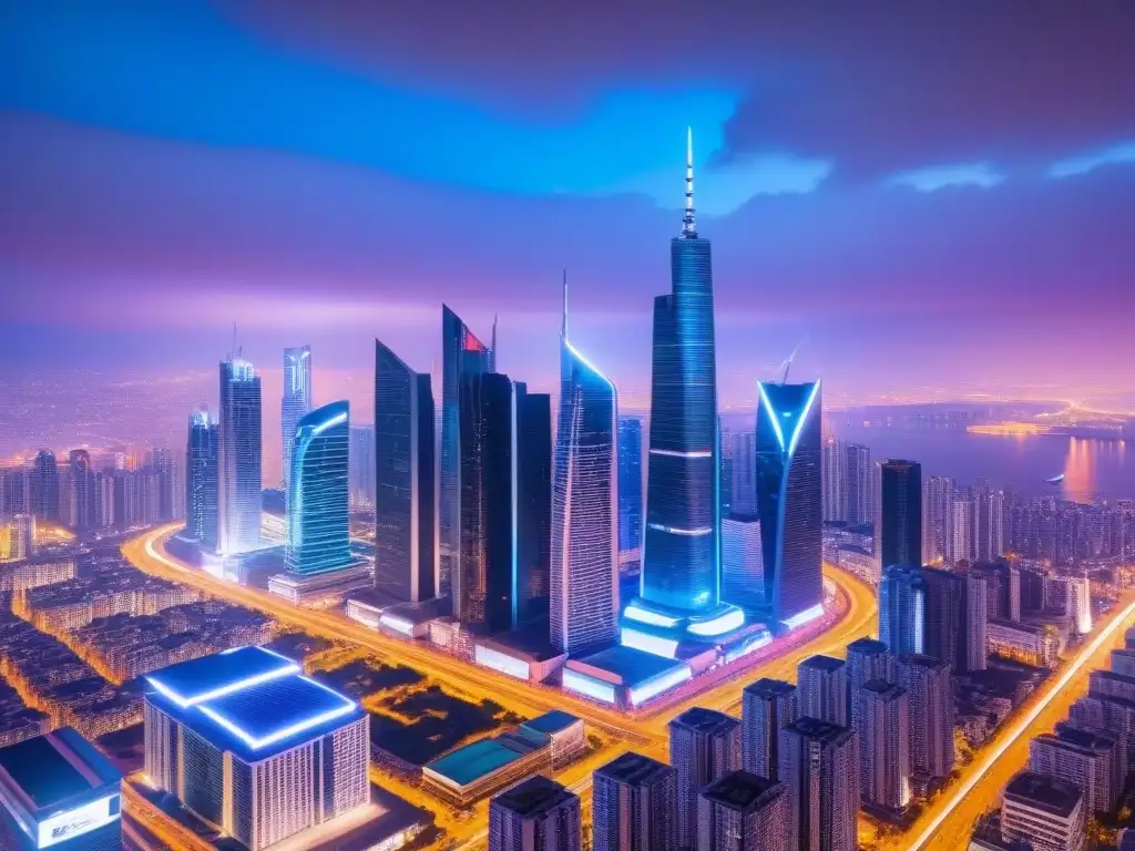 Metrópolis futurista: luces neón y arquitectura vanguardista Una ciudad futurista iluminada por luces neón, reflejando innovación en plataformas Proptech para gestión de alquileres