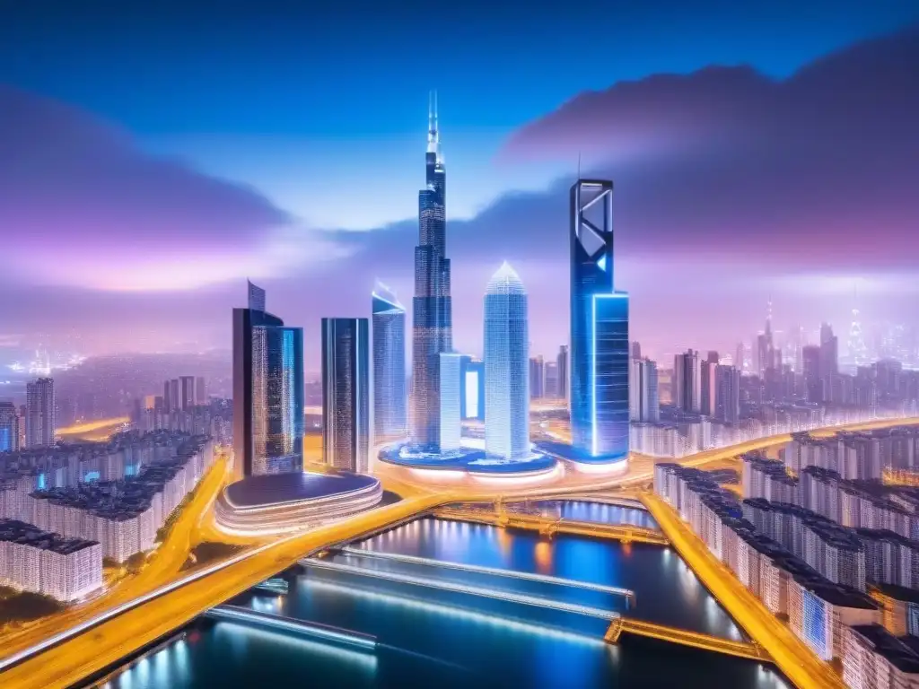 Skyline futurista: blockchain en la noche Una ciudad futurista iluminada por luces neón muestra la integración de la tecnología blockchain en el financiamiento inmobiliario