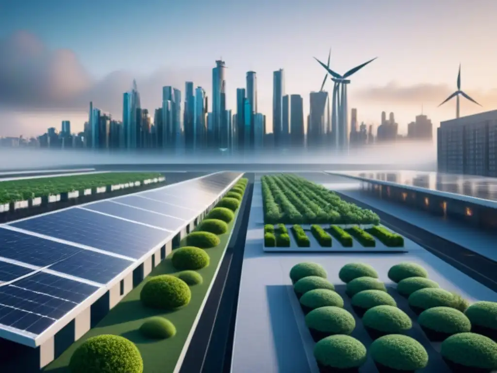 Metrópolis futurista sostenible con tecnologías verdes avanzadas Una ciudad futurista iluminada por una luz ecológica, con edificios verdes y tecnologías avanzadas