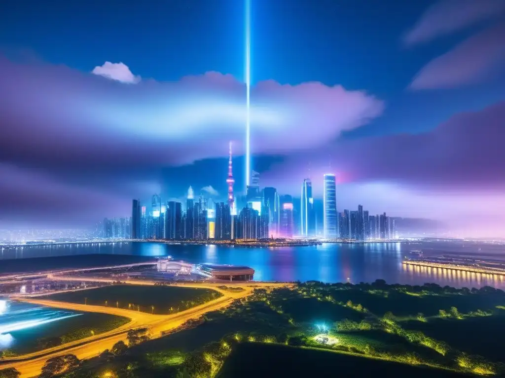 Metrópolis futurista: tecnología y preparación financiera Una ciudad futurista iluminada por neones bajo un cielo estrellado, con rascacielos y vehículos voladores, evocando preparación y resiliencia