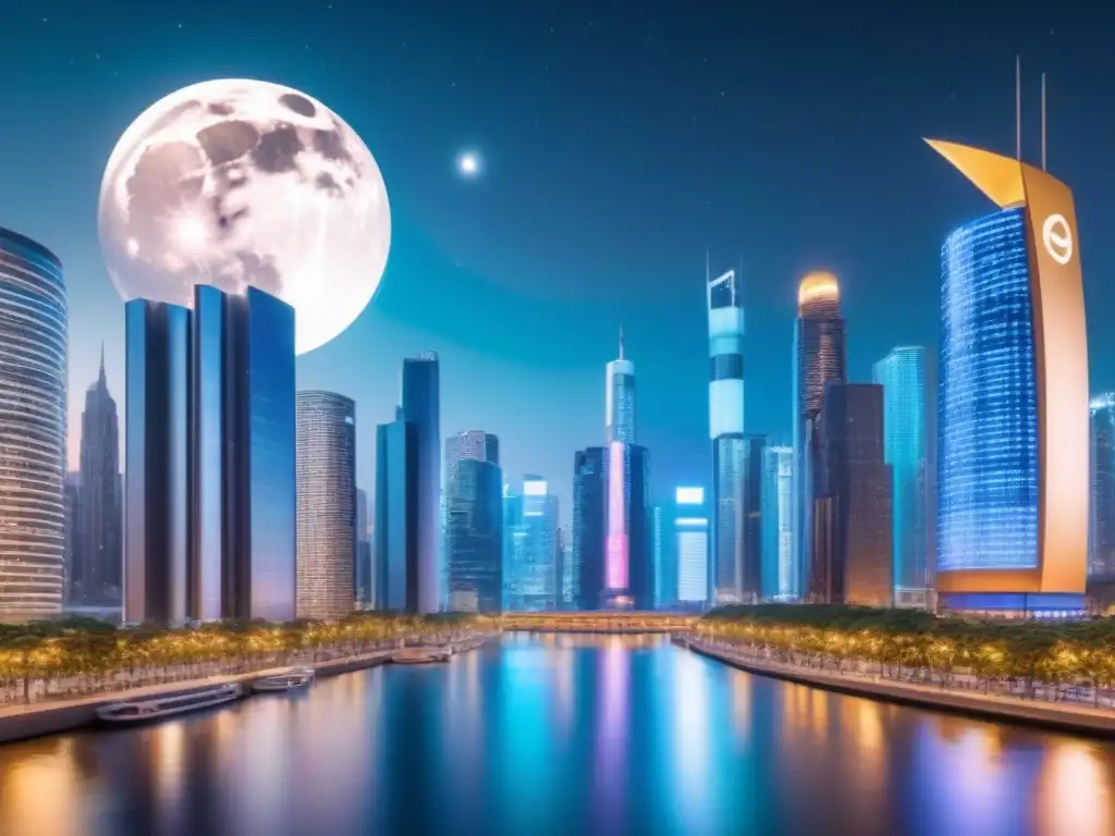 Escena futurista de marketing inmobiliario Fintech en la noche Una ciudad futurista iluminada por la noche, con rascacielos y pantallas digitales